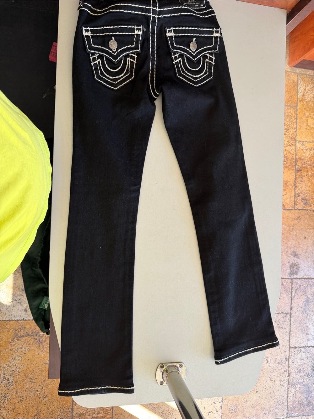 True Religion Black Straight-Leg Jeans with White Contrast Stitching